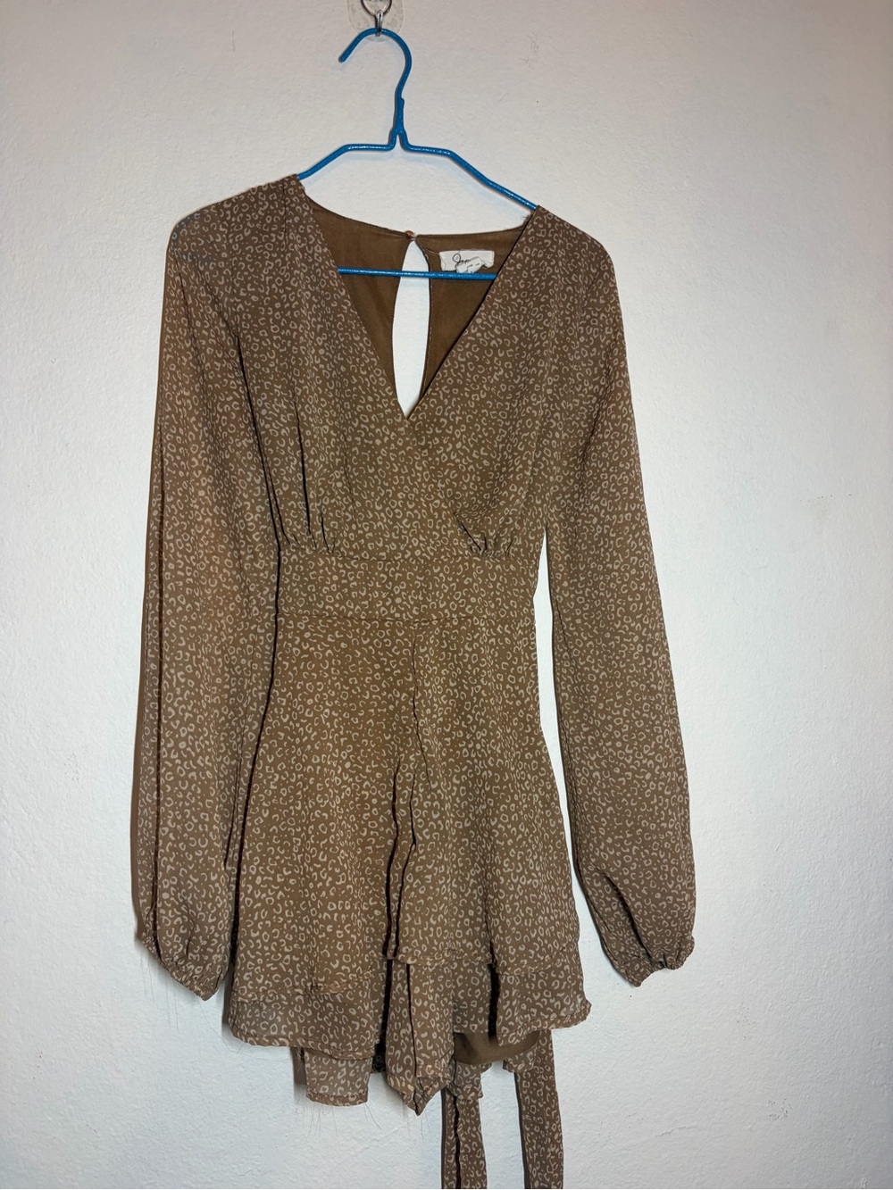 Japna Brown Printed Long-Sleeve Wrap Dress Romper